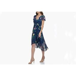 DKNY NWT Navy Floral Print Georgette Midi Ruffle Flutter Sleeve Dress Size 14